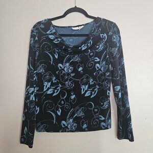 Merona Medium Black w Blue Floral Wide Cowl Neck Blouse 90s Whimsigoth Office